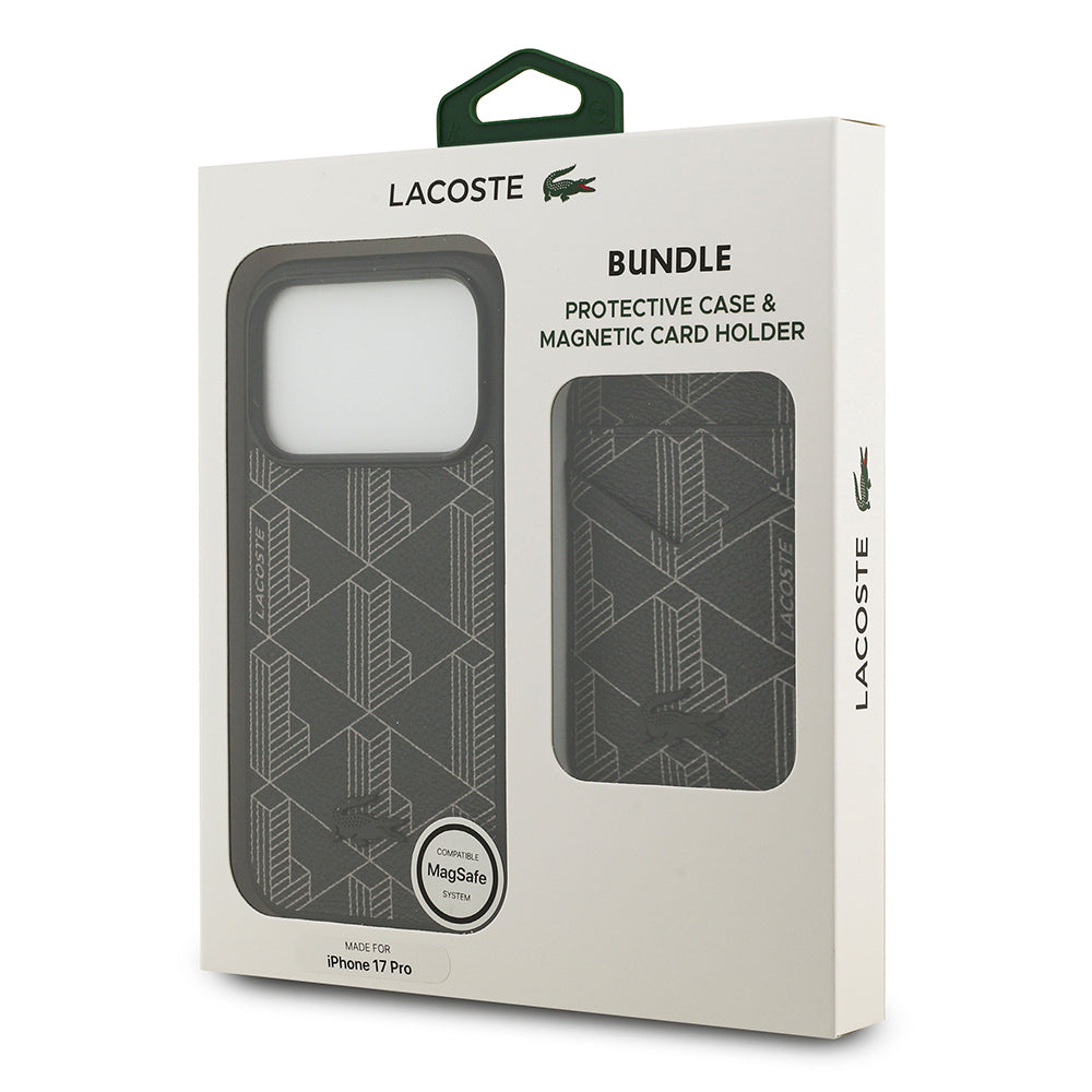 Apple iPhone 17 Pro Kılıf Lacoste Orjinal Lisanslı M-safe Şarj Özellikli PU Deri Tasarımlı Kartlıklı Karışık Monogram Desenli Kapak Yeşil