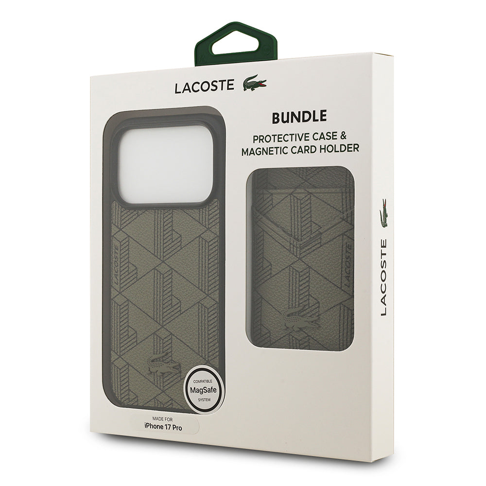 Apple iPhone 17 Pro Kılıf Lacoste Orjinal Lisanslı M-safe Şarj Özellikli PU Deri Tasarımlı Kartlıklı Karışık Monogram Desenli Kapak Siyah