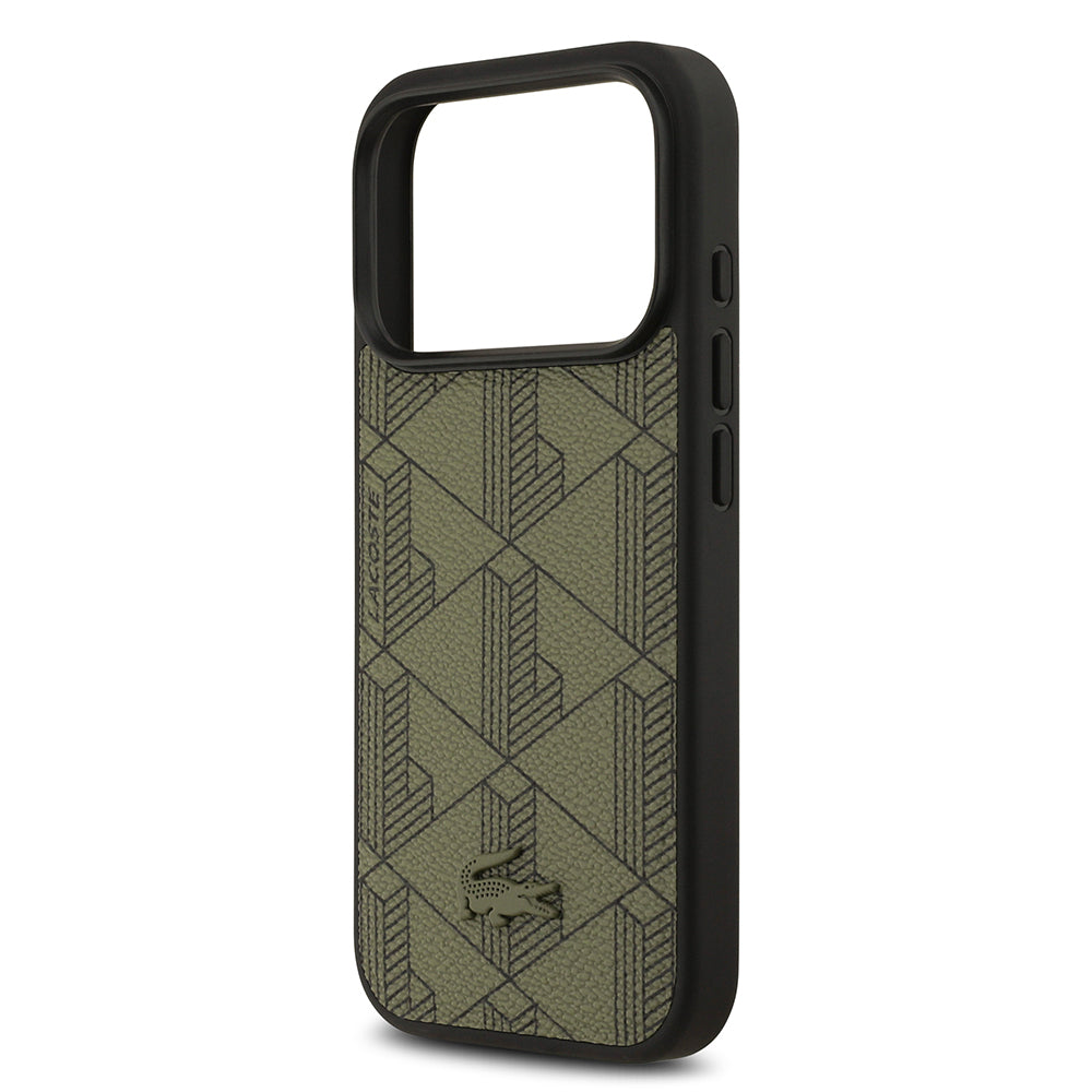 Apple iPhone 17 Pro Kılıf Lacoste Orjinal Lisanslı M-safe Şarj Özellikli PU Deri Tasarımlı Kartlıklı Karışık Monogram Desenli Kapak Yeşil