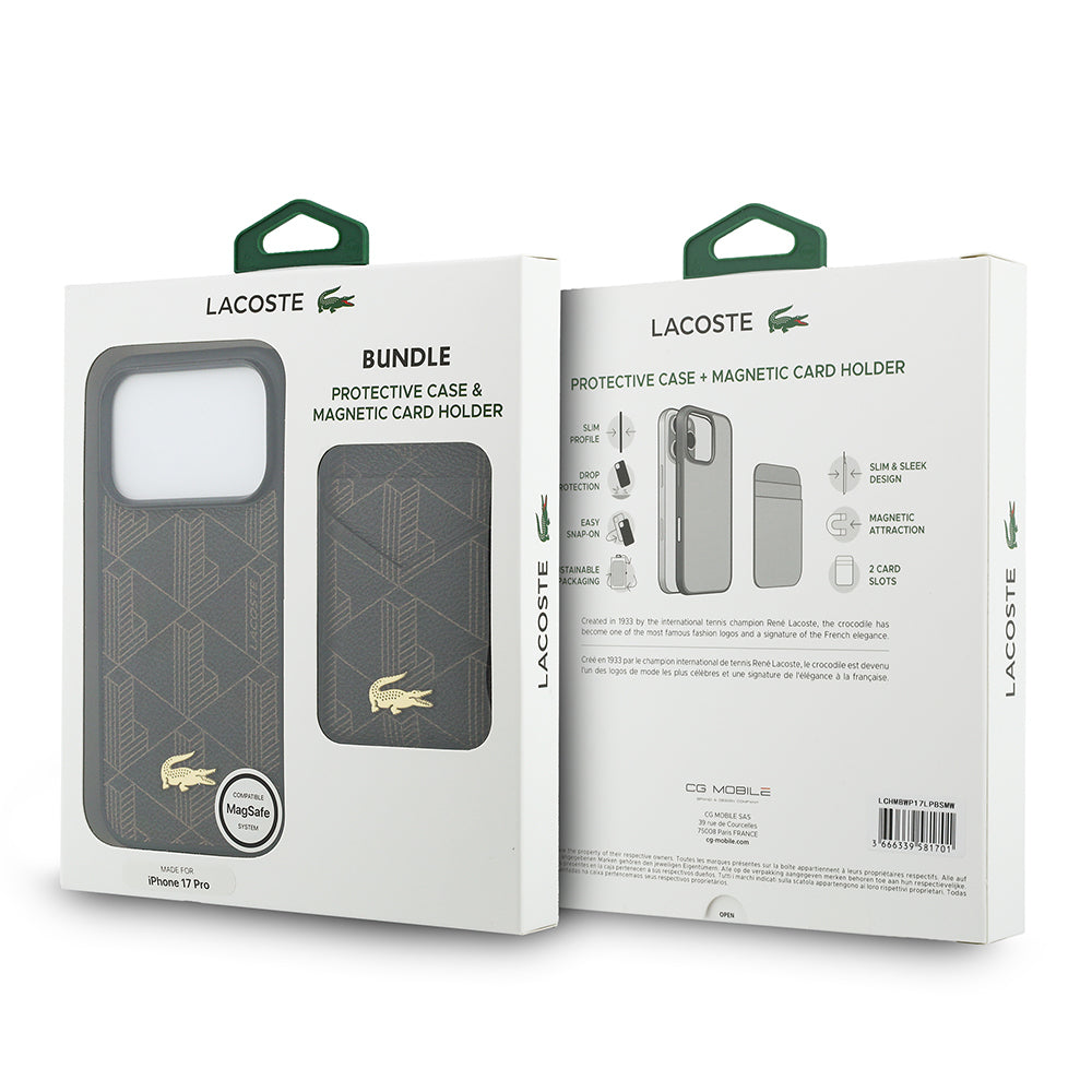 Apple iPhone 17 Pro Kılıf Lacoste Orjinal Lisanslı M-safe Şarj Özellikli PU Deri Tasarımlı Kartlıklı Karışık Monogram Desenli Kapak
