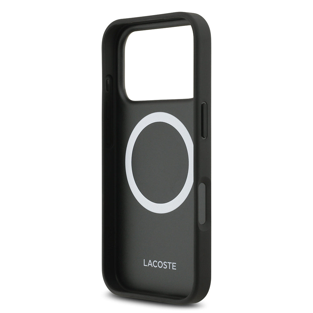 Apple iPhone 17 Pro Kılıf Lacoste Orjinal Lisanslı M-safe Şarj Özellikli PU Pike Desenli Metal Logolu Kartlıklı Kapak Lacivert