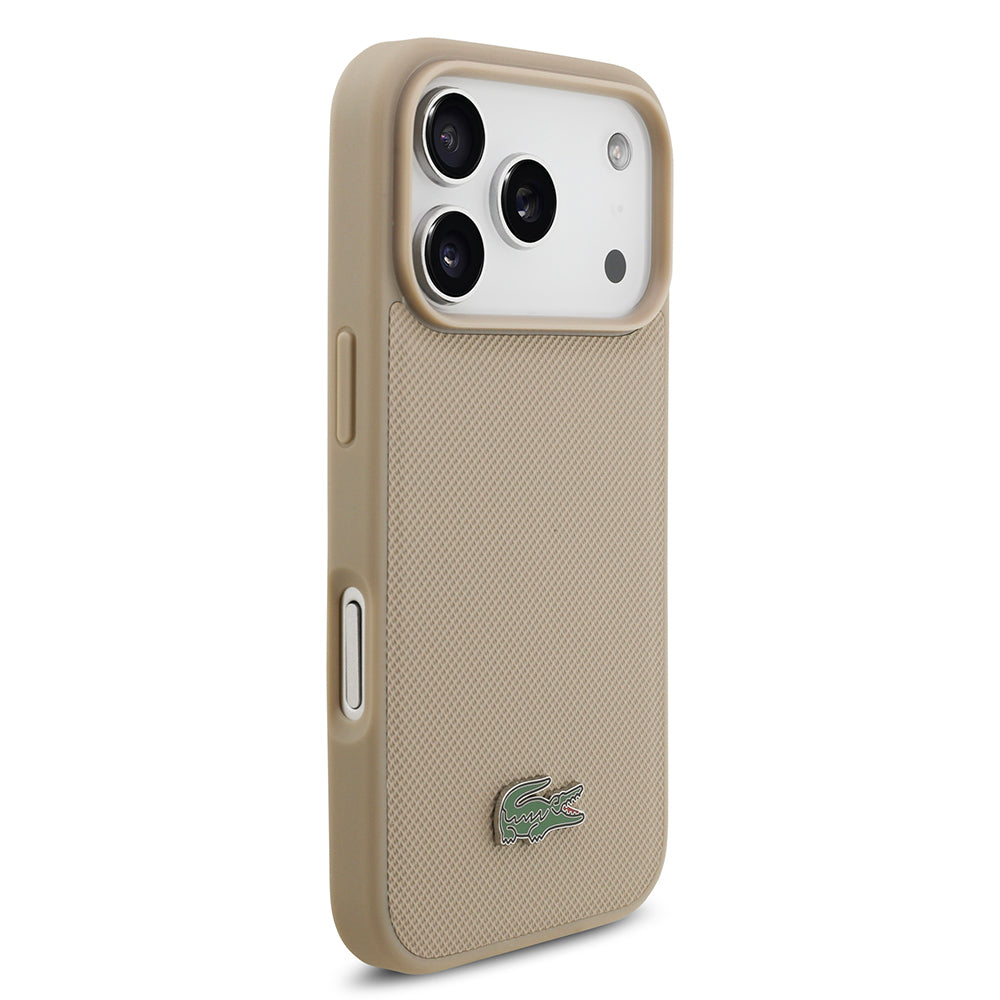 Apple iPhone 17 Pro Kılıf Lacoste Orjinal Lisanslı M-safe Şarj Özellikli PU Pike Desenli Metal Logolu Kartlıklı Kapak Lacivert