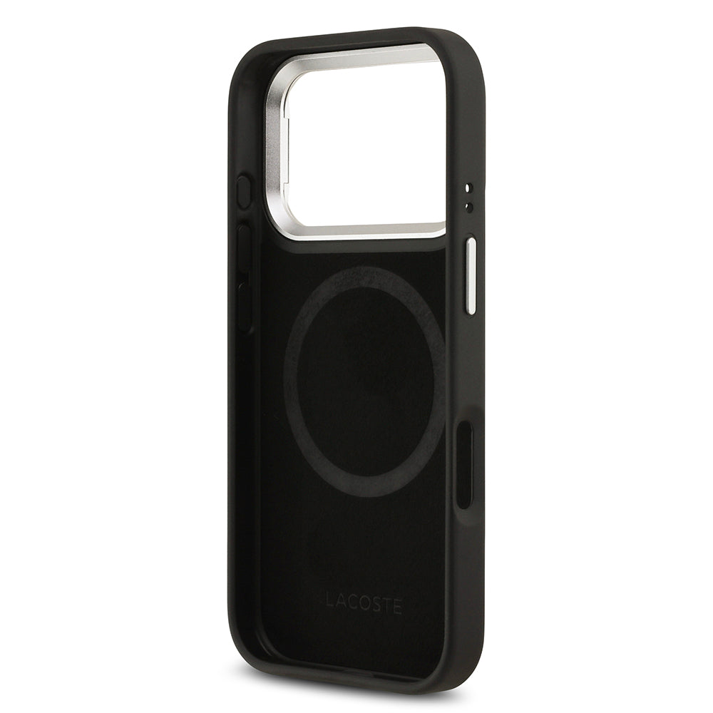 Apple iPhone 17 Pro Kılıf Lacoste Orjinal Lisanslı M-safe Şarj Özellikli PU Pike Desenli Standlı Metal Logolu Kapak Koyu Yeşil