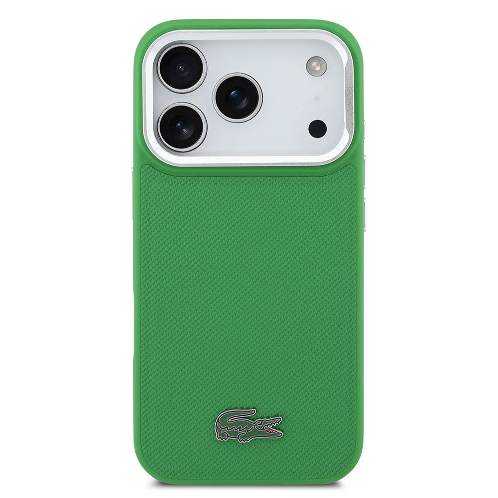 Apple iPhone 17 Pro Kılıf Lacoste Orjinal Lisanslı M-safe Şarj Özellikli PU Pike Desenli Standlı Metal Logolu Kapak Koyu Yeşil