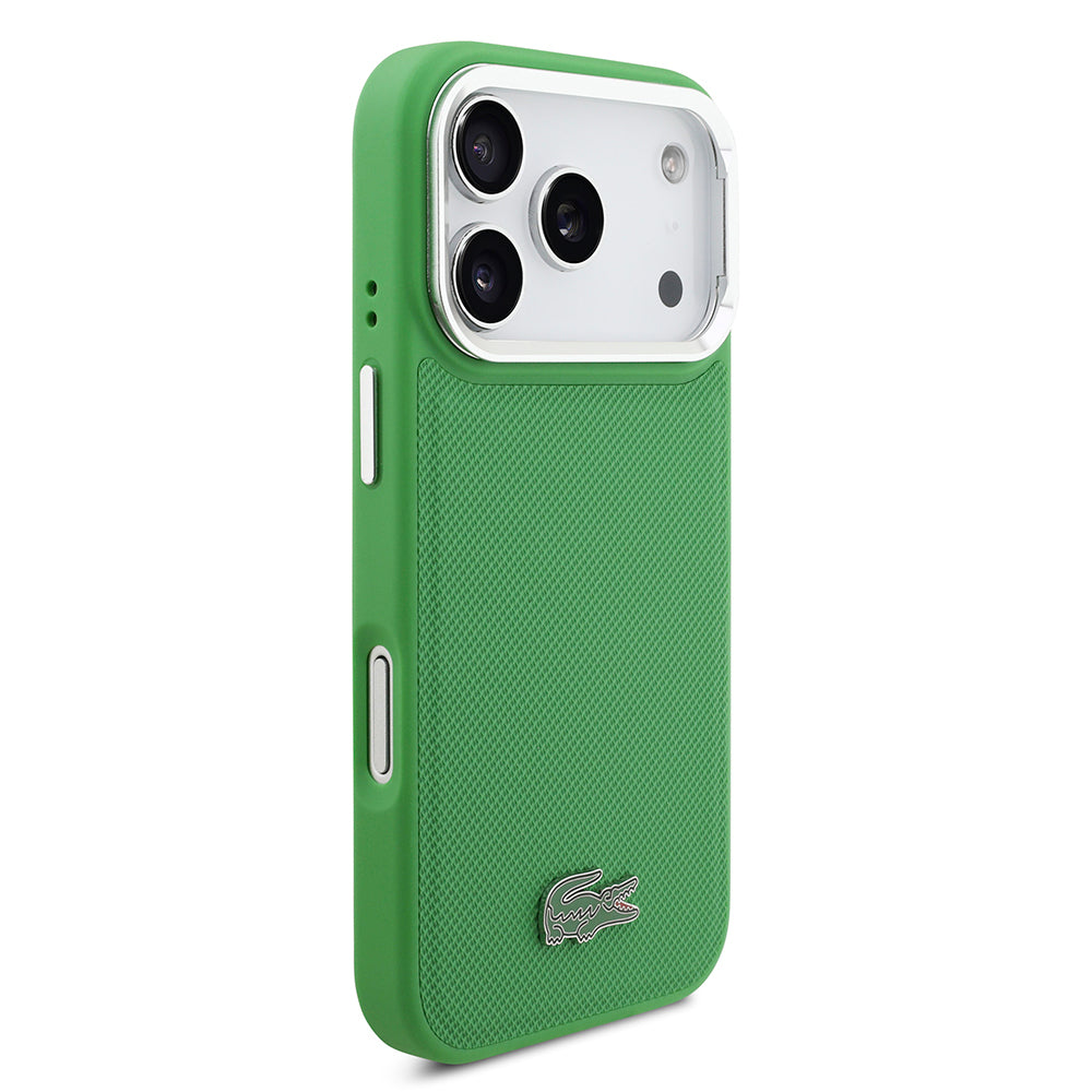 Apple iPhone 17 Pro Kılıf Lacoste Orjinal Lisanslı M-safe Şarj Özellikli PU Pike Desenli Standlı Metal Logolu Kapak Koyu Yeşil