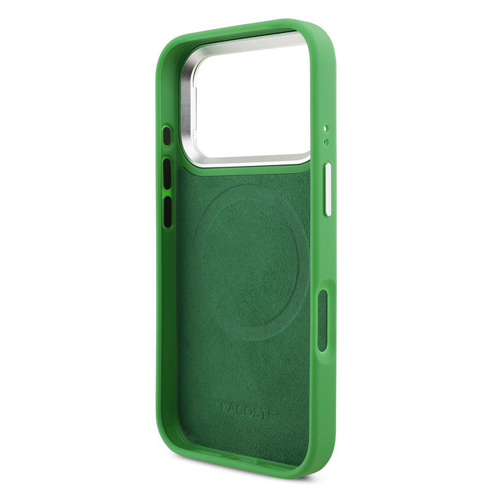 Apple iPhone 17 Pro Kılıf Lacoste Orjinal Lisanslı M-safe Şarj Özellikli PU Pike Desenli Standlı Metal Logolu Kapak Bej