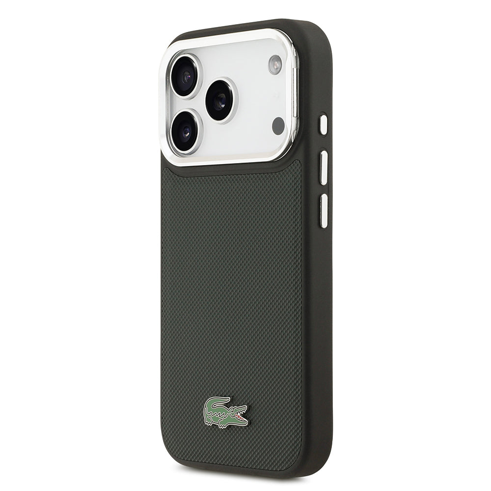 Apple iPhone 17 Pro Kılıf Lacoste Orjinal Lisanslı M-safe Şarj Özellikli PU Pike Desenli Standlı Metal Logolu Kapak Koyu Yeşil