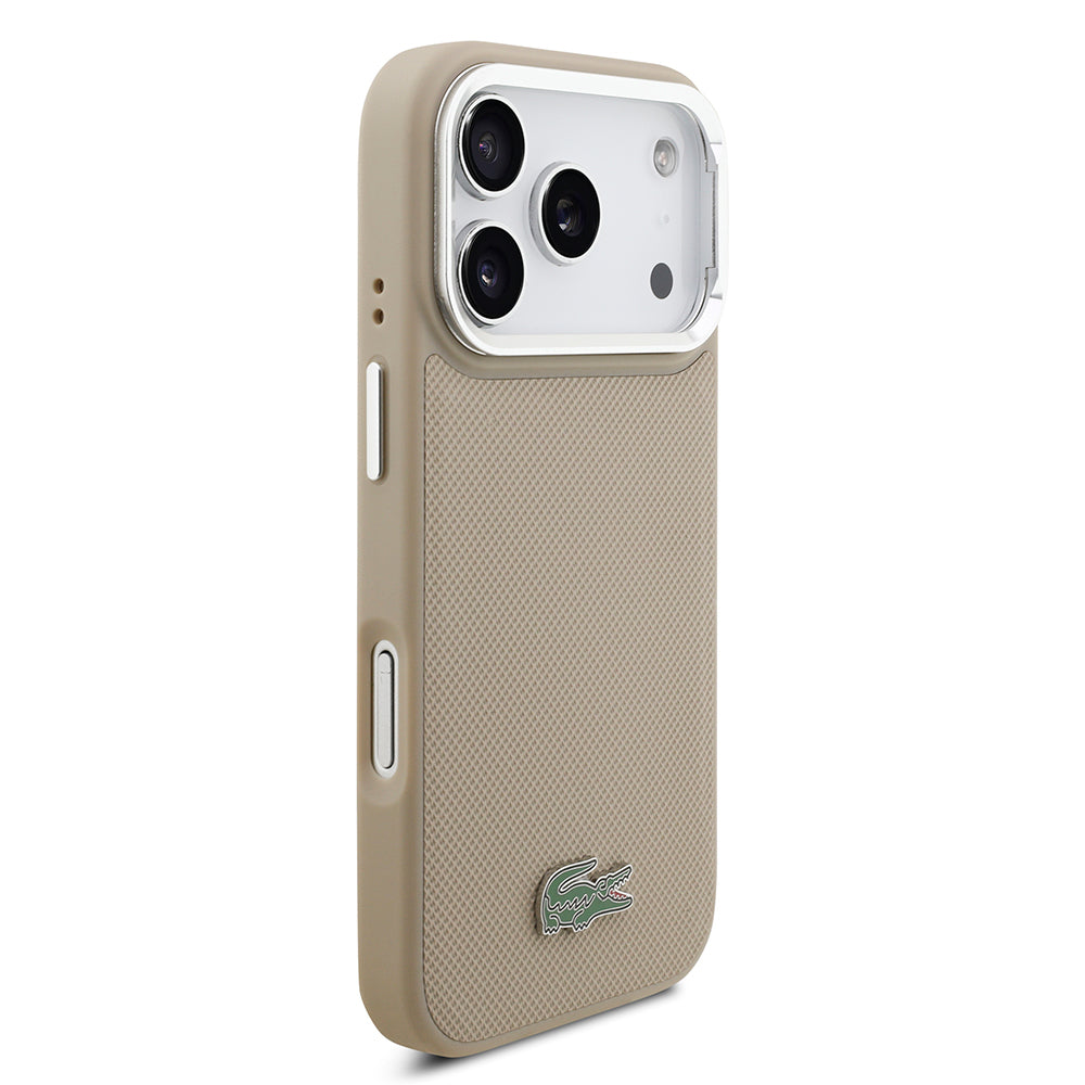 Apple iPhone 17 Pro Kılıf Lacoste Orjinal Lisanslı M-safe Şarj Özellikli PU Pike Desenli Standlı Metal Logolu Kapak Bej