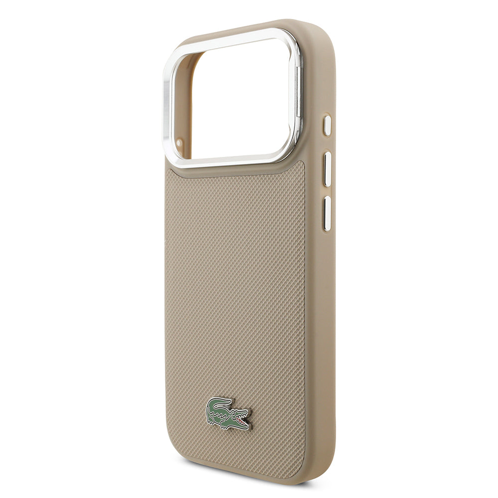 Apple iPhone 17 Pro Kılıf Lacoste Orjinal Lisanslı M-safe Şarj Özellikli PU Pike Desenli Standlı Metal Logolu Kapak Bej
