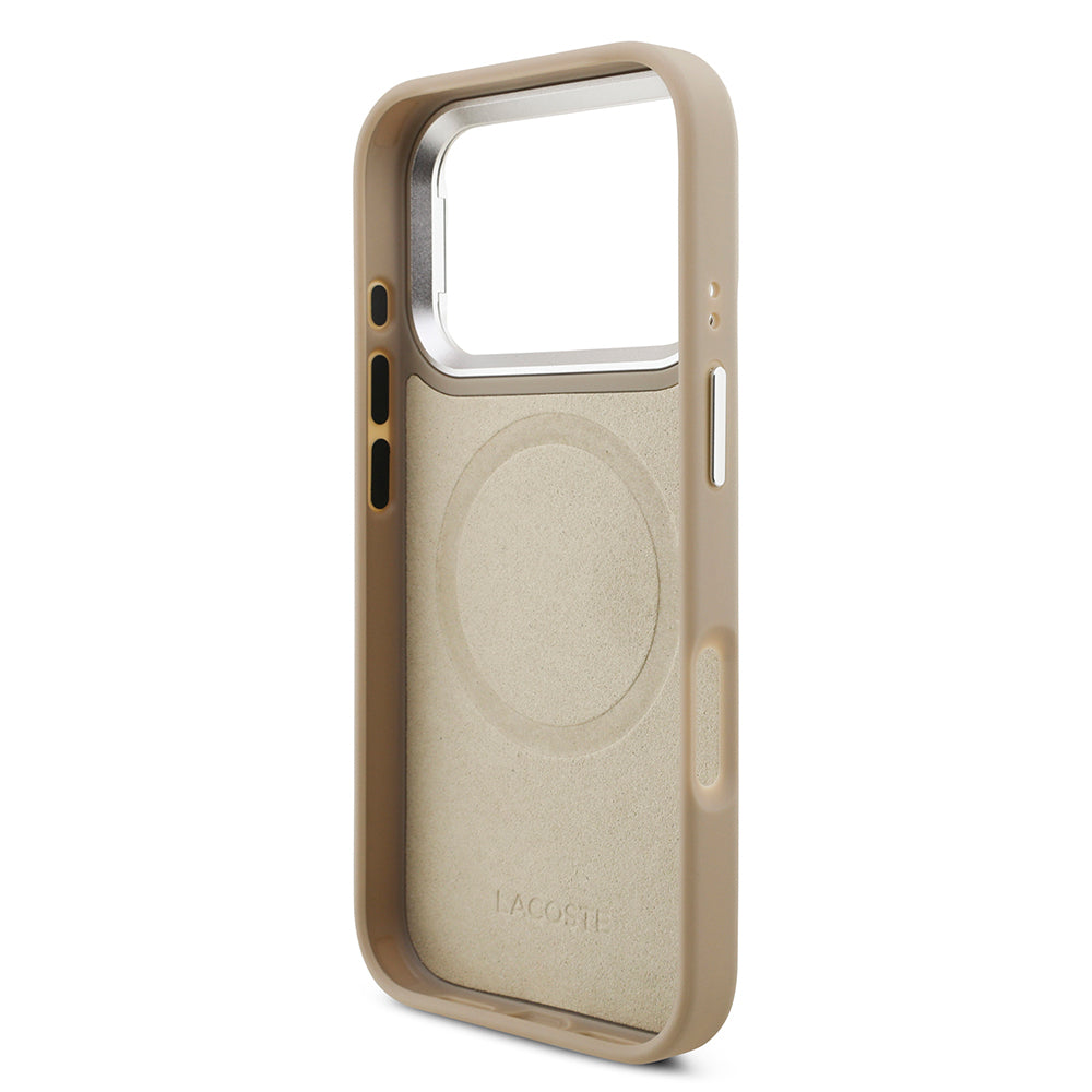 Apple iPhone 17 Pro Kılıf Lacoste Orjinal Lisanslı M-safe Şarj Özellikli PU Pike Desenli Standlı Metal Logolu Kapak Bej