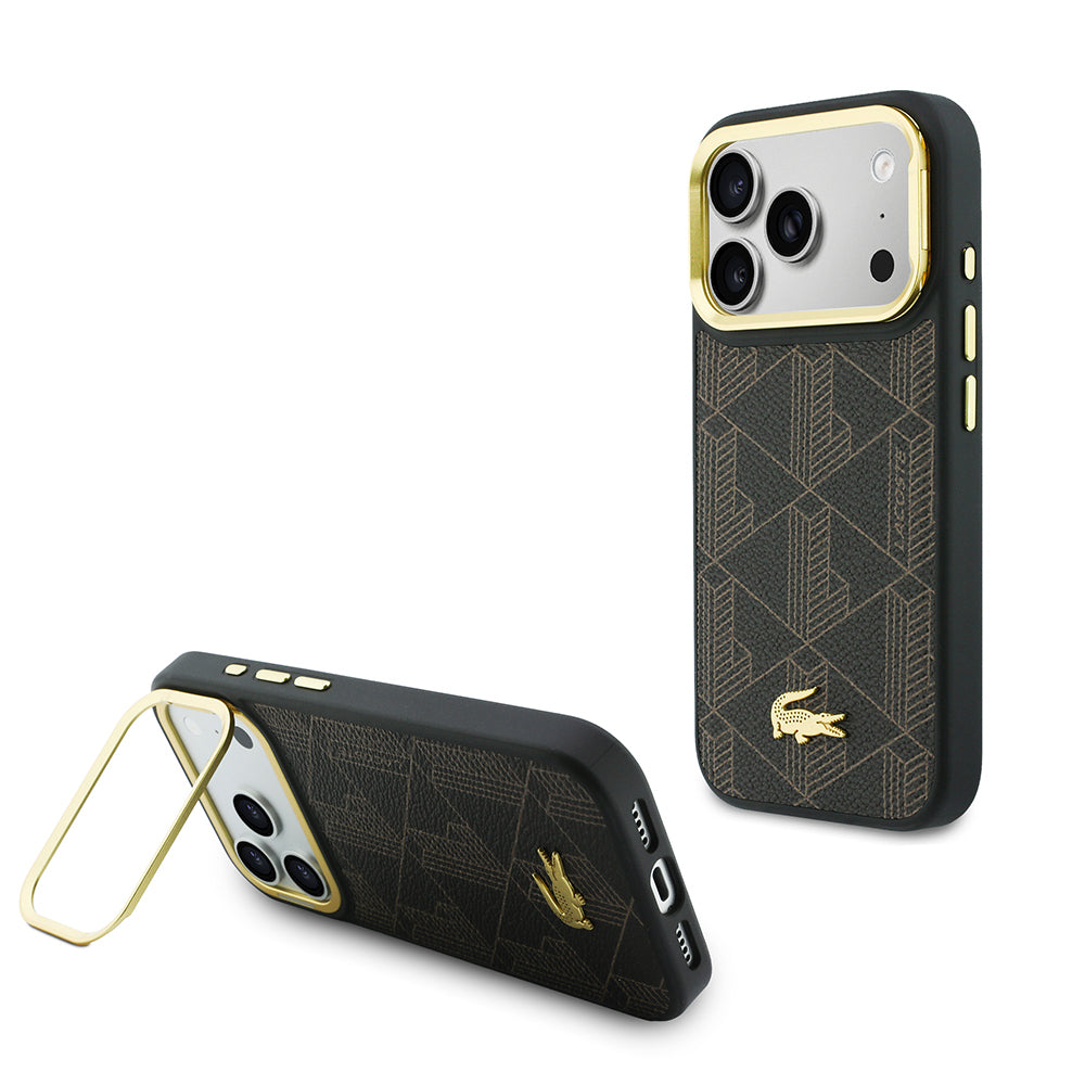 Apple iPhone 17 Pro Kılıf Lacoste Orjinal Lisanslı M-safe Şarj Özellikli Standlı PU Deri Karışık Monogram Desenli Kapak