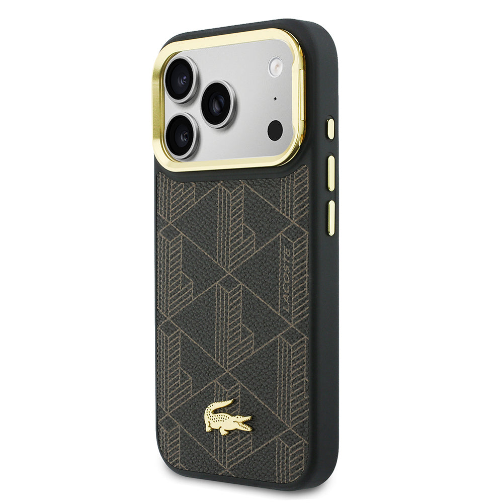 Apple iPhone 17 Pro Kılıf Lacoste Orjinal Lisanslı M-safe Şarj Özellikli Standlı PU Deri Karışık Monogram Desenli Kapak