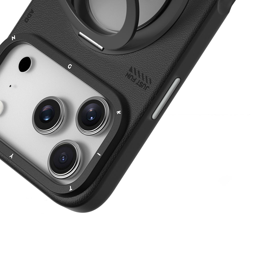 Apple iPhone 17 Pro Kılıf M-safe Şarj Özellikli 360 Derece Standlı Basit Mat Deri Desenli Youngkit Tech Leather Serisi Kapak Siyah