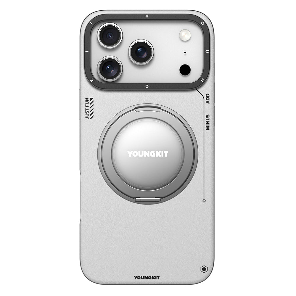 Apple iPhone 17 Pro Kılıf M-safe Şarj Özellikli 360 Derece Standlı Basit Mat Deri Desenli Youngkit Tech Leather Serisi Kapak Gri