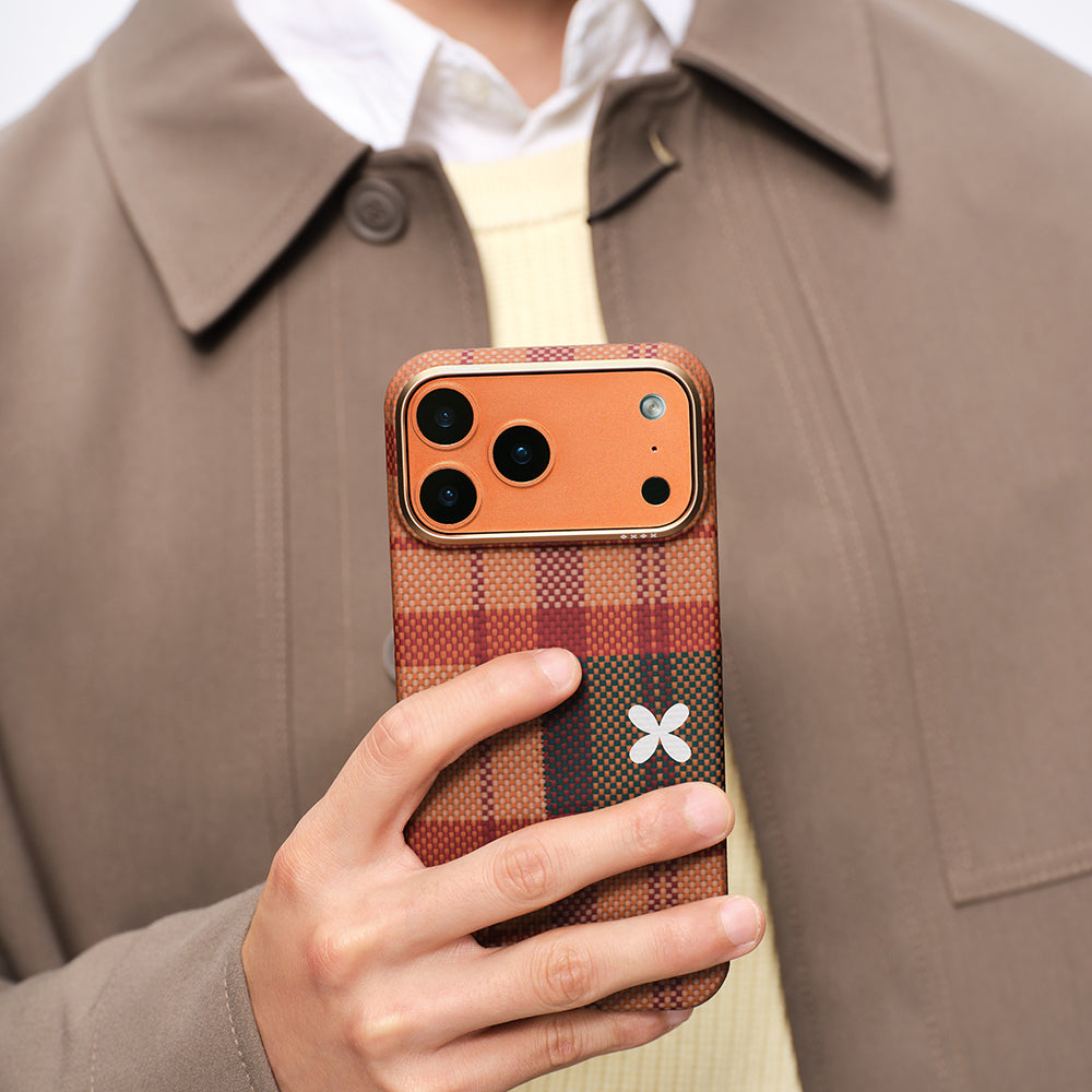 Apple iPhone 17 Pro Kılıf M-safe Şarj Özellikli Aramid Karbon Fiber Pitaka Flora in Grid Serisi Kapak