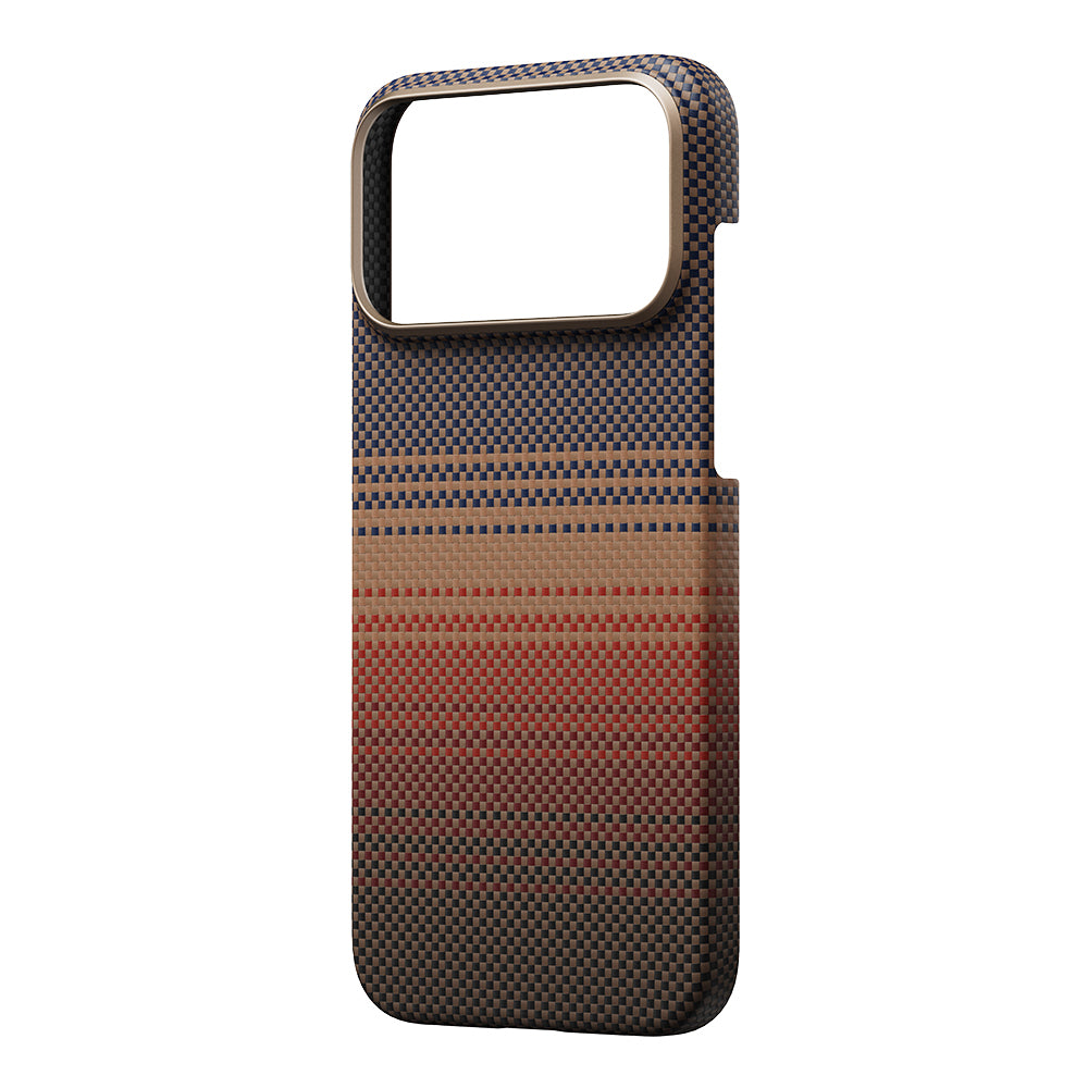Apple iPhone 17 Pro Kılıf M-safe Şarj Özellikli Aramid Fiber Pitaka Tactile Woven Sunset-Moonrise Serisi Sunset Kapak Kahverengi