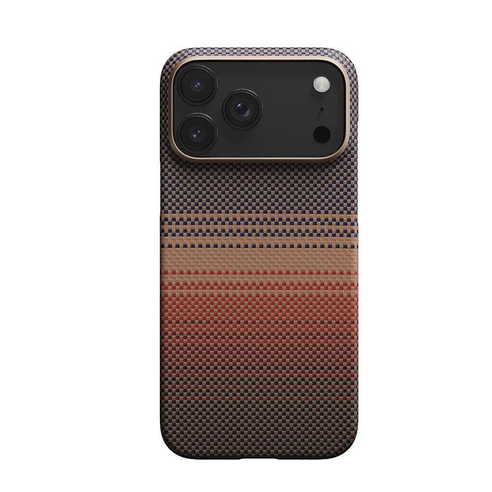 Apple iPhone 17 Pro Kılıf M-safe Şarj Özellikli Aramid Fiber Pitaka Tactile Woven Sunset-Moonrise Serisi Sunset Kapak Kahverengi