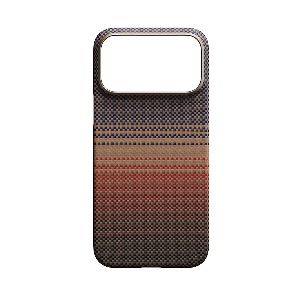 Apple iPhone 17 Pro Kılıf M-safe Şarj Özellikli Aramid Fiber Pitaka Tactile Woven Sunset-Moonrise Serisi Sunset Kapak Kahverengi