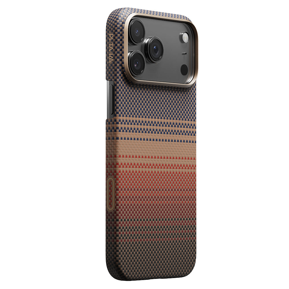 Apple iPhone 17 Pro Kılıf M-safe Şarj Özellikli Aramid Fiber Pitaka Tactile Woven Sunset-Moonrise Serisi Sunset Kapak Kahverengi