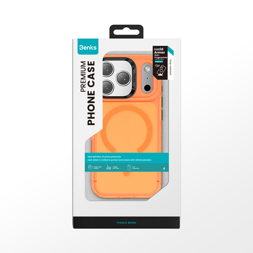 Apple iPhone 17 Pro Kılıf M-Safe Şarj Özellikli Benks C-Magnet Lucid Armor Kapak Turuncu