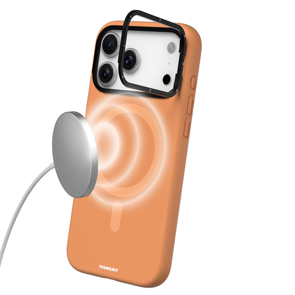 Apple iPhone 17 Pro Kılıf M-Safe Şarj Özellikli Kamera Standlı Youngkit Gel Cream Serisi Kapak Turuncu