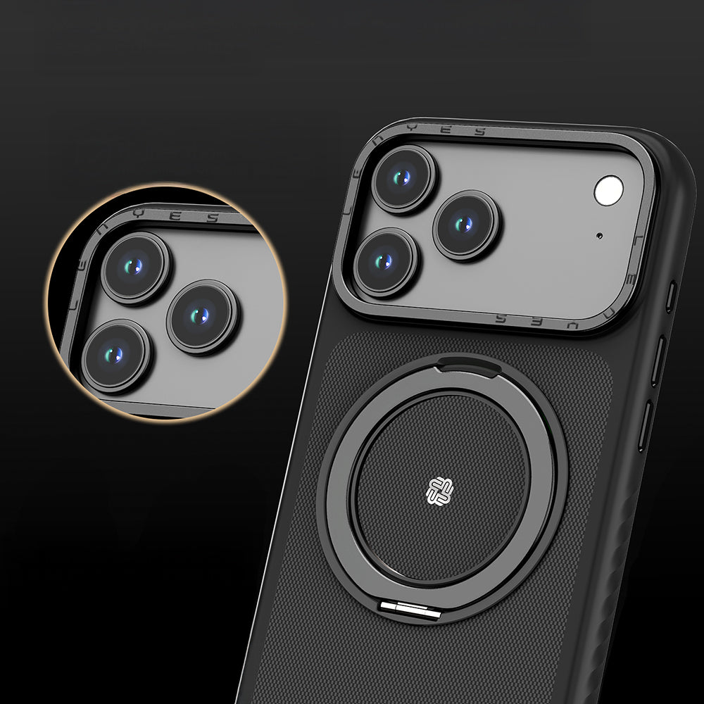 Apple iPhone 17 Pro Kılıf M-safe Şarj Özellikli Metal Standlı Lenyes CK225 Kevlar Kapak Siyah