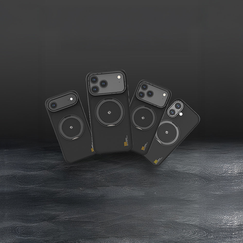 Apple iPhone 17 Pro Kılıf M-safe Şarj Özellikli Metal Standlı Lenyes CK225 Kevlar Kapak Siyah