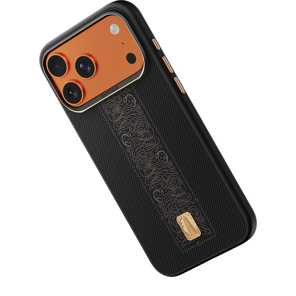 Apple iPhone 17 Pro Kılıf M-safe Şarj Özellikli Raptic Aramid Dual Rise Serisi 24 Ayar Altın Kaplamalı Karbon Kapak