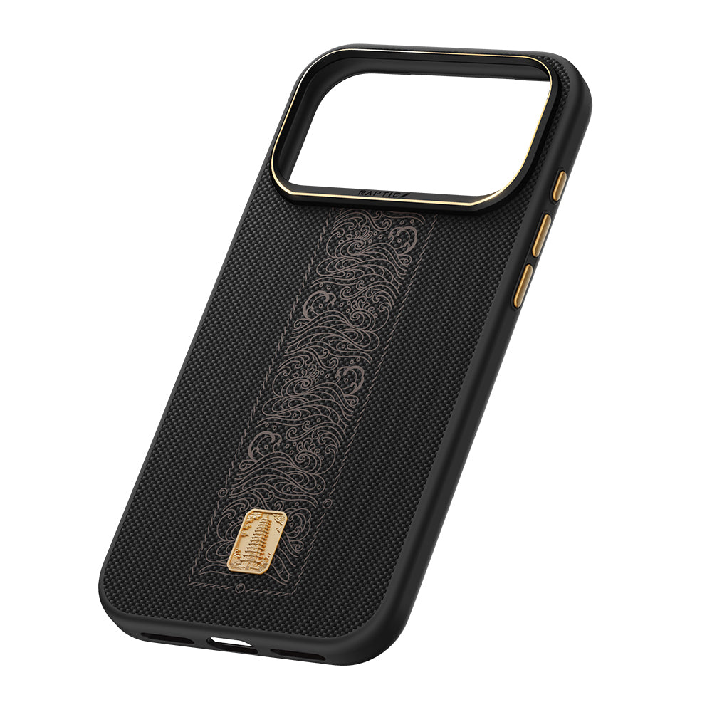 Apple iPhone 17 Pro Kılıf M-safe Şarj Özellikli Raptic Aramid Dual Rise Serisi 24 Ayar Altın Kaplamalı Karbon Kapak