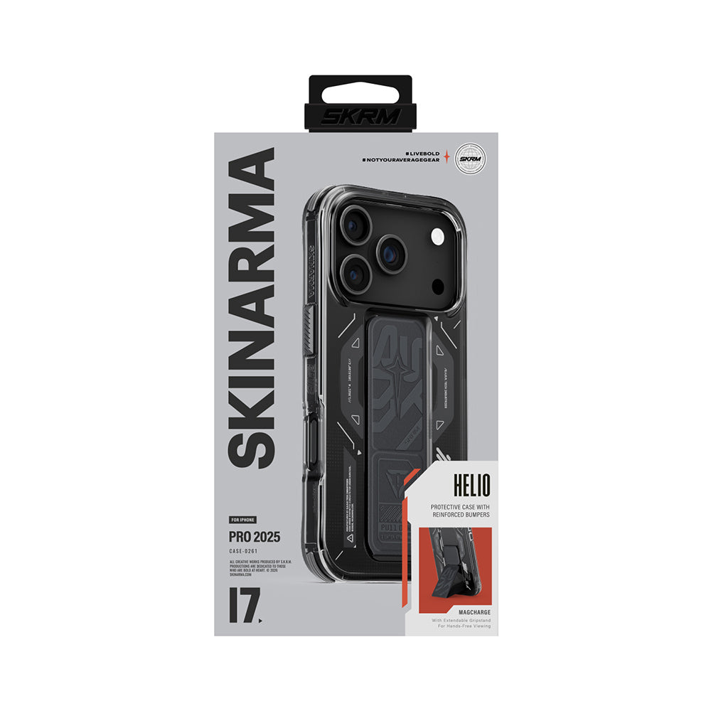 Apple iPhone 17 Pro Kılıf M-safe Şarj Özellikli Teknoloji Desenli Skinarma Helio Mag Charge Standlı Kapak Füme