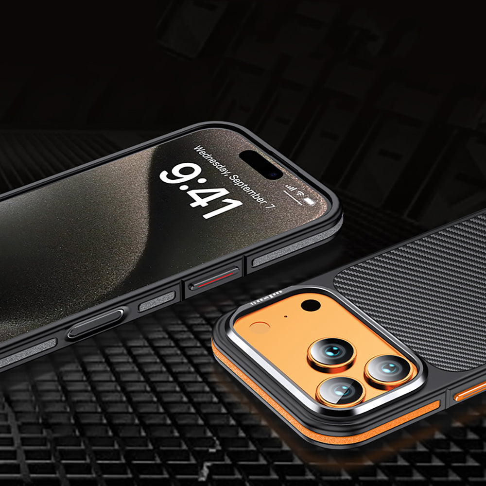 Apple iPhone 17 Pro Kılıf Mat Transparan Karbon Fiber Görünümlü Wlons Marin Kapak Turuncu