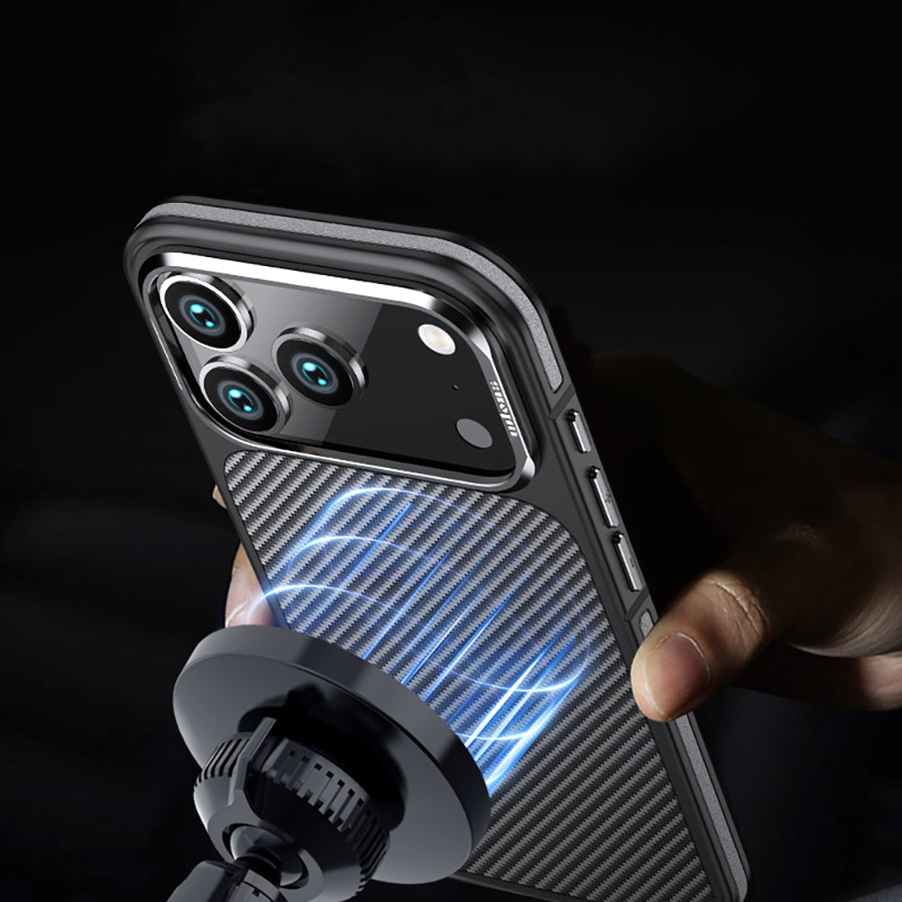 Apple iPhone 17 Pro Kılıf Mat Transparan Karbon Fiber Görünümlü Wlons Marin Kapak Turuncu