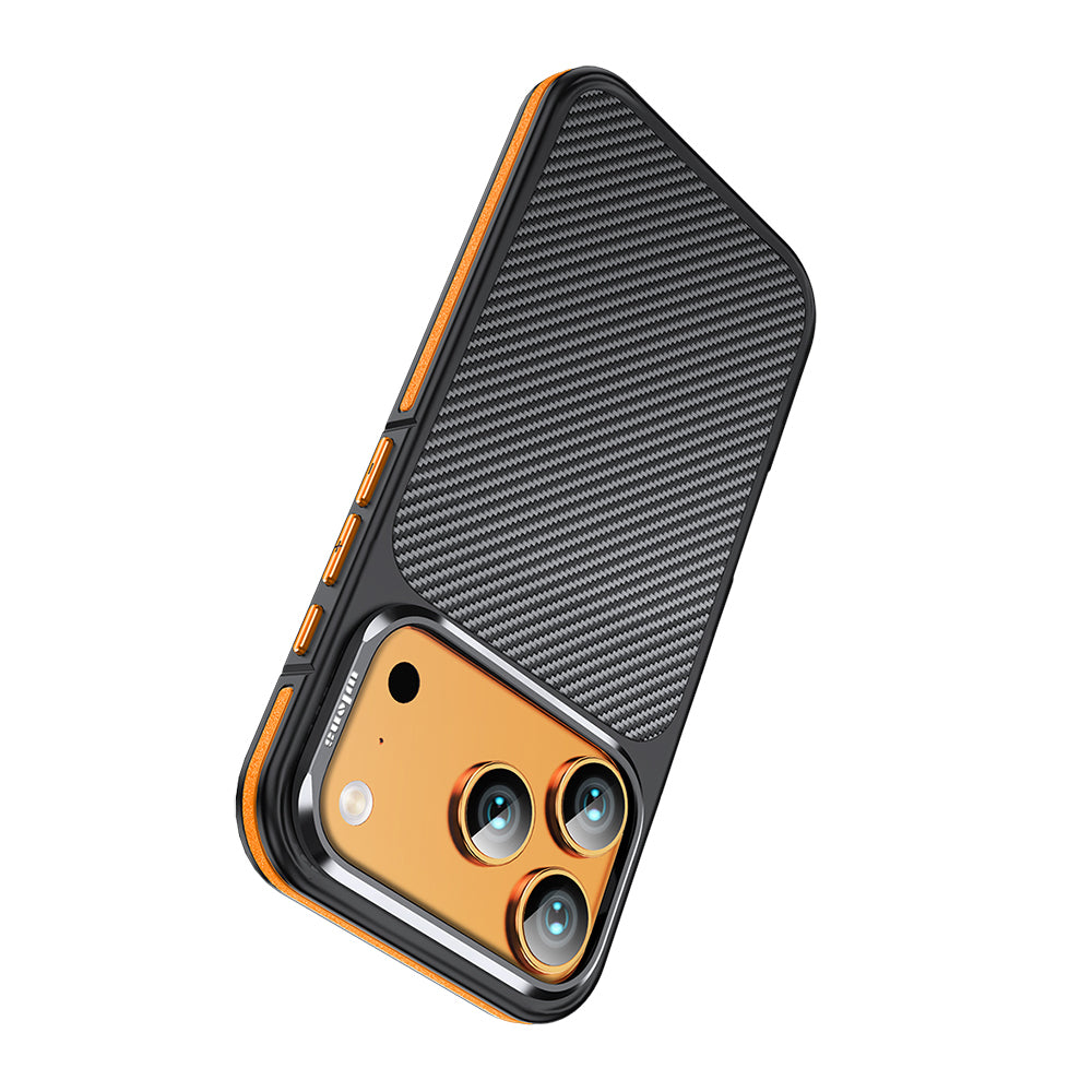 Apple iPhone 17 Pro Kılıf Mat Transparan Karbon Fiber Görünümlü Wlons Marin Kapak Turuncu