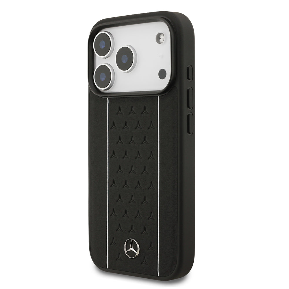 Apple iPhone 17 Pro Kılıf Mercedes Benz Orjinal Lisanslı M-safe Şarj Özellikli Şeritli Yıldız Desenli Metal Logolu Deri Kapak Siyah