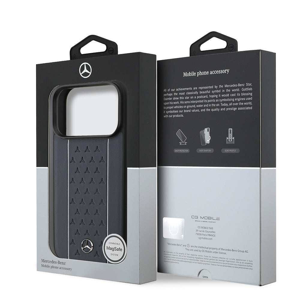 Apple iPhone 17 Pro Kılıf Mercedes Benz Orjinal Lisanslı M-safe Şarj Özellikli Şeritli Yıldız Desenli Metal Logolu Deri Kapak Lacivert