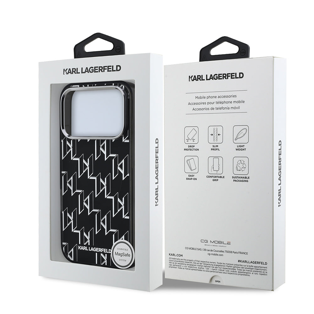 Apple iPhone 17 Pro Kılıf Orjinal Lisanslı M-safe Şarj Özellikli Karl Lagerfeld IML Baskılı Monogram Dizayn Kapak Siyah