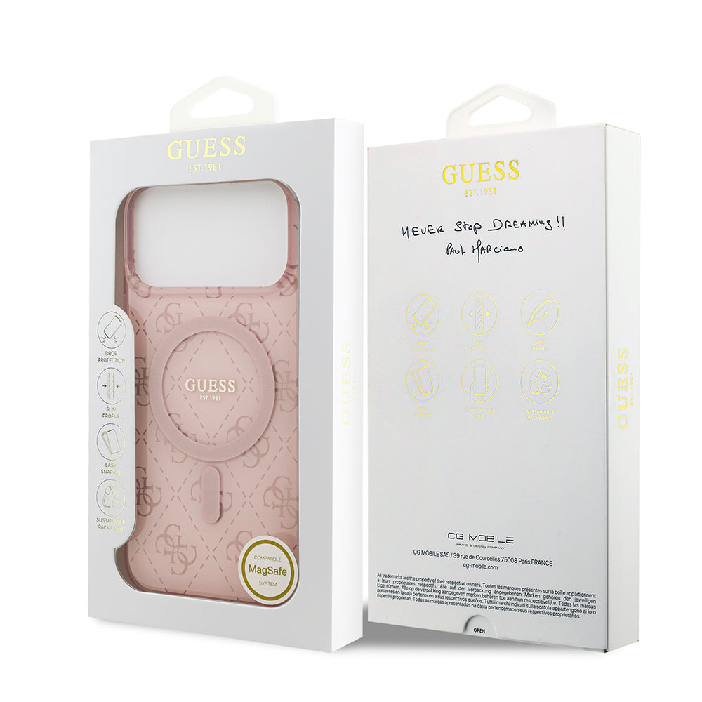 Apple iPhone 17 Pro Max Kılıf Guess Orjinal Lisanslı M-safe Şarj Özellikli IML Baskılı Klasik Logolu 4G Desenli Kapak Pembe