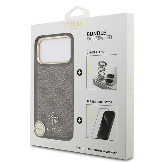 Apple iPhone 17 Pro Max Guess Orjinal Lisanslı 4G ve Yazı Logolu Kılıf + Ekran Koruyucu + Lens Koruyucu 3in1 Aksesuar Seti Siyah