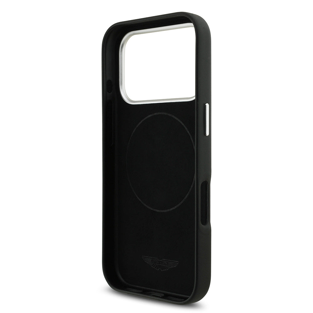 Apple iPhone 17 Pro Max Kılıf Aston Martin Orjinal Lisanslı M-safe Şarj Özellikli Metal Logolu PU Deri Kapak Siyah