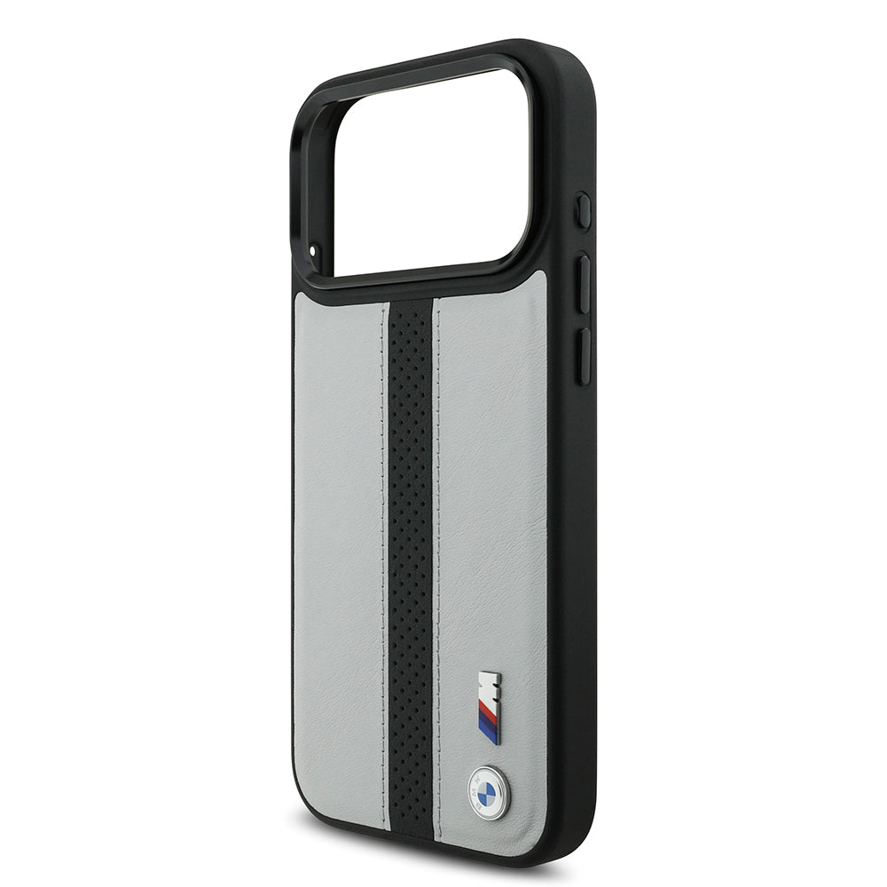 Apple iPhone 17 Pro Max Kılıf BMW Orjinal Lisanslı M-safe Şarj Özellikli Deri Arka Yüzey Metal Logolu Delikli Şerit Tasarımlı Kapak Gri