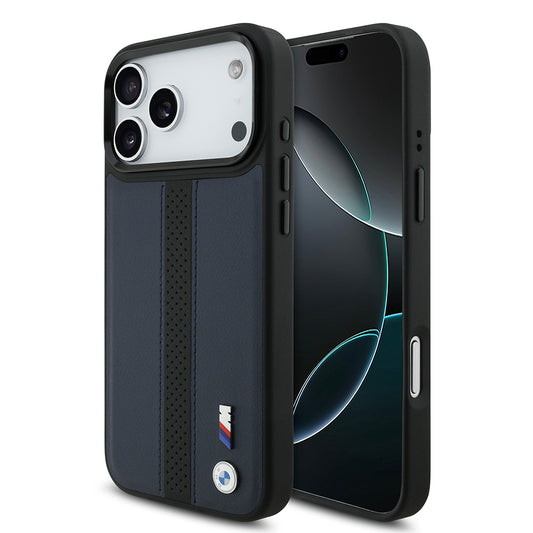 Apple iPhone 17 Pro Max Kılıf BMW Orjinal Lisanslı M-safe Şarj Özellikli Deri Arka Yüzey Metal Logolu Delikli Şerit Tasarımlı Kapak Lacivert