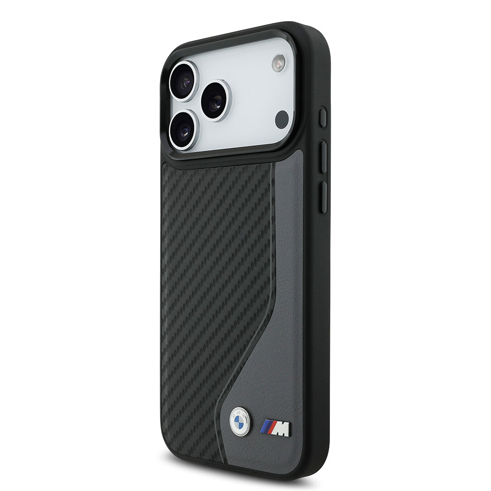Apple iPhone 17 Pro Max Kılıf BMW Orjinal Lisanslı M-safe Şarj Özellikli Metal BMW ve M Logolu PU Karbon Tasarımlı Kapak Siyah