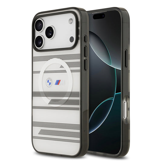 Apple iPhone 17 Pro Max Kılıf BMW Orjinal Lisanslı M-safe Şarj Özellikli Metal Kamera Butonlu Yatay Şeritli M Dizayn Kapak Siyah