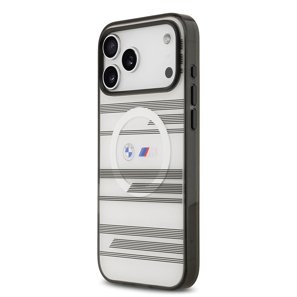 Apple iPhone 17 Pro Max Kılıf BMW Orjinal Lisanslı M-safe Şarj Özellikli Metal Kamera Butonlu Yatay Şeritli M Dizayn Kapak Siyah