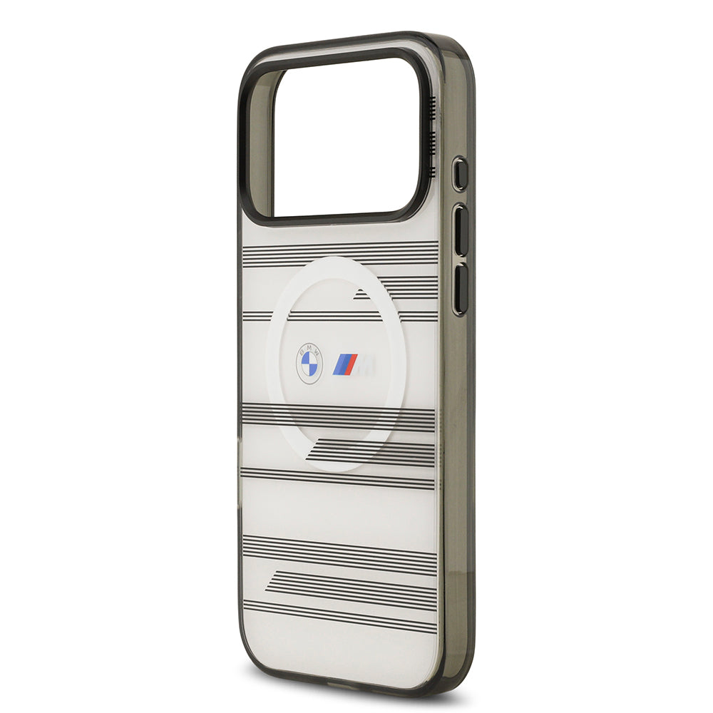 Apple iPhone 17 Pro Max Kılıf BMW Orjinal Lisanslı M-safe Şarj Özellikli Metal Kamera Butonlu Yatay Şeritli M Dizayn Kapak Siyah