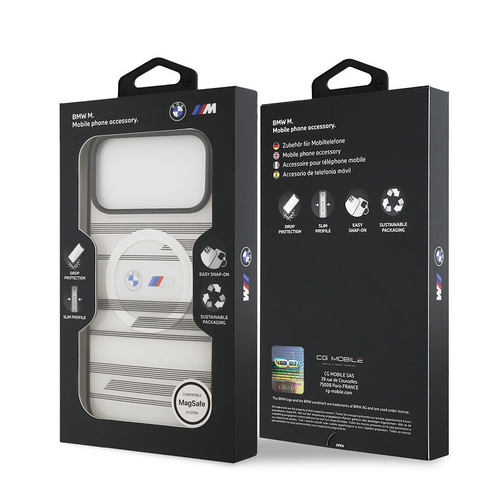 Apple iPhone 17 Pro Max Kılıf BMW Orjinal Lisanslı M-safe Şarj Özellikli Metal Kamera Butonlu Yatay Şeritli M Dizayn Kapak Siyah