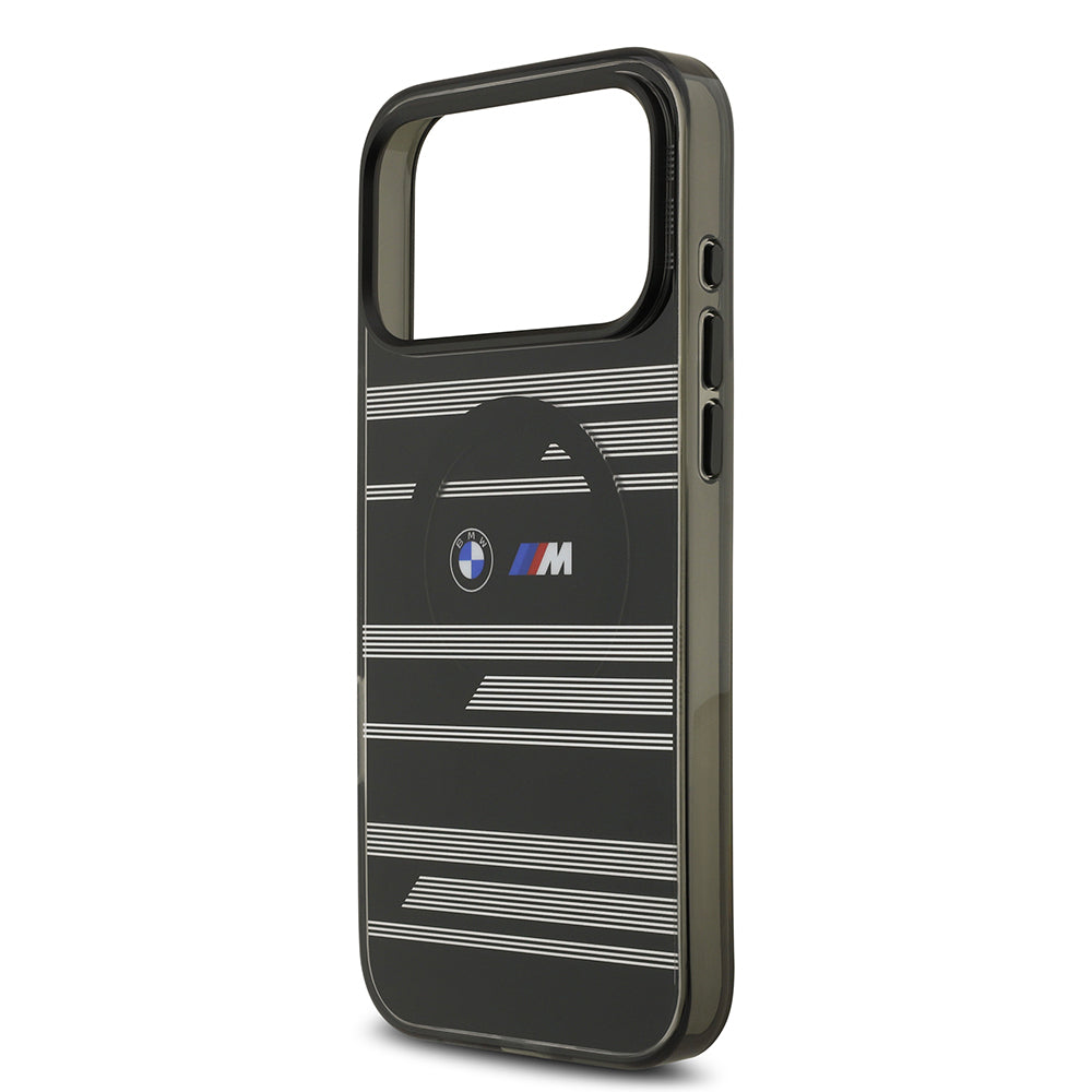 Apple iPhone 17 Pro Max Kılıf BMW Orjinal Lisanslı M-safe Şarj Özellikli Metal Kamera Butonlu Yatay Şeritli M Dizayn Kapak Siyah