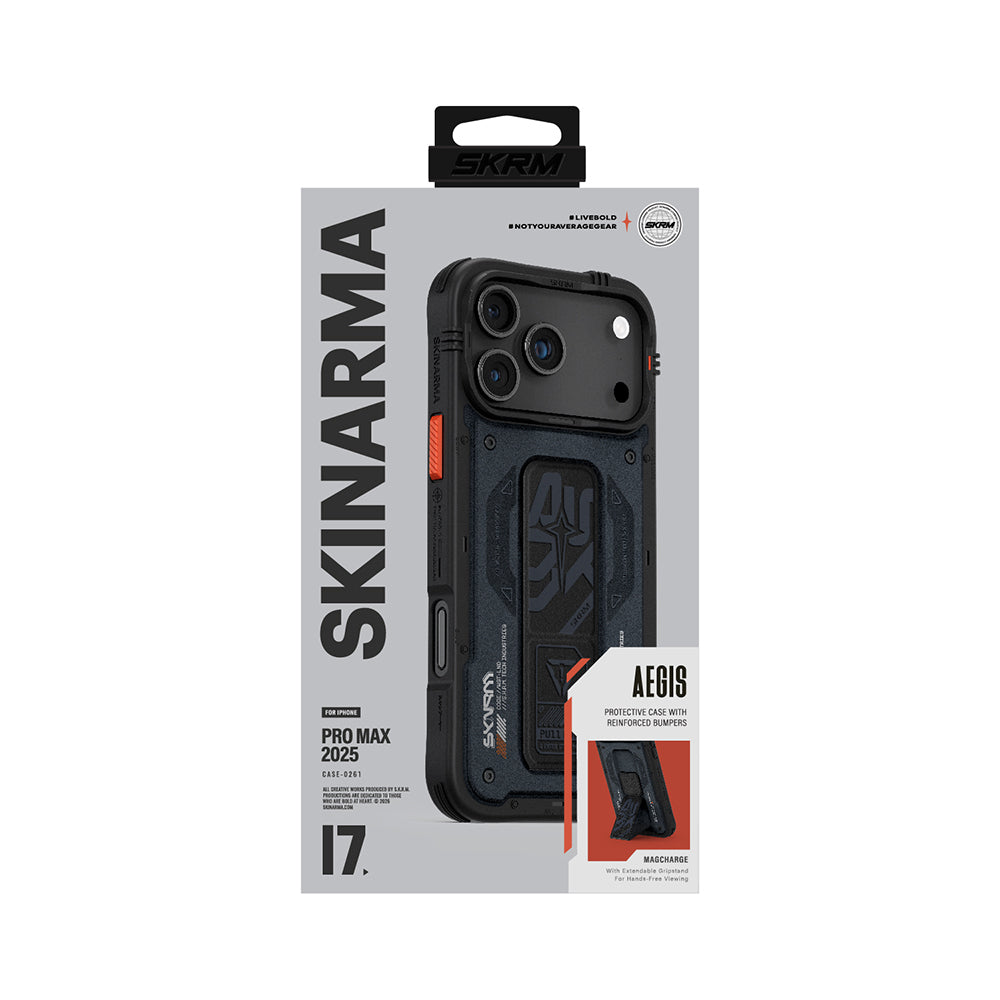 Apple iPhone 17 Pro Max Kılıf Desenli Airbag Tasarımlı Standlı Skinarma Aegis Kapak Gri