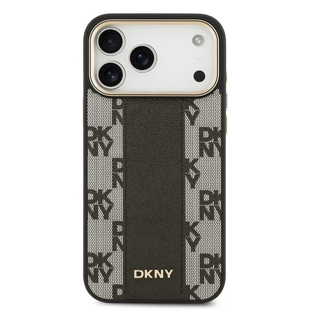 Apple iPhone 17 Pro Max Kılıf DKNY Orjinal Lisanslı M-safe Şarj Özellikli 3D Yazılı Checkered Pattern Kapak Bej