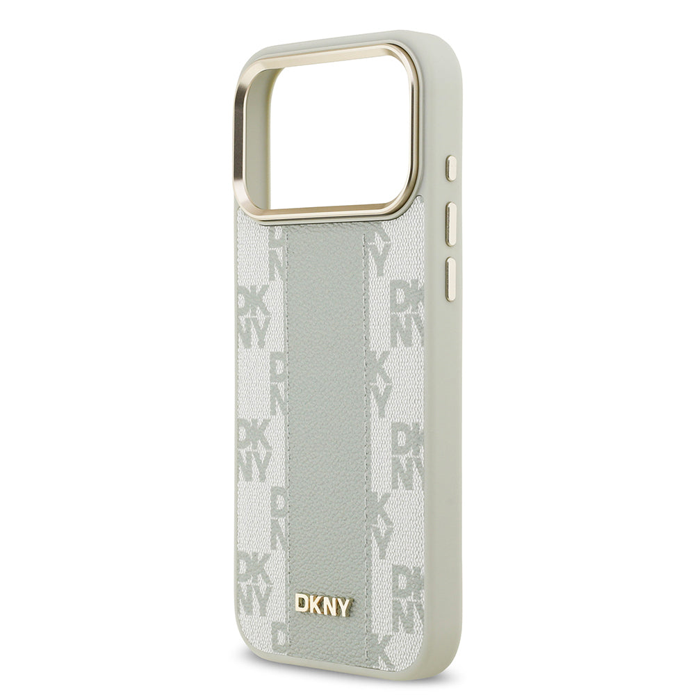 Apple iPhone 17 Pro Max Kılıf DKNY Orjinal Lisanslı M-safe Şarj Özellikli 3D Yazılı Checkered Pattern Kapak Bej